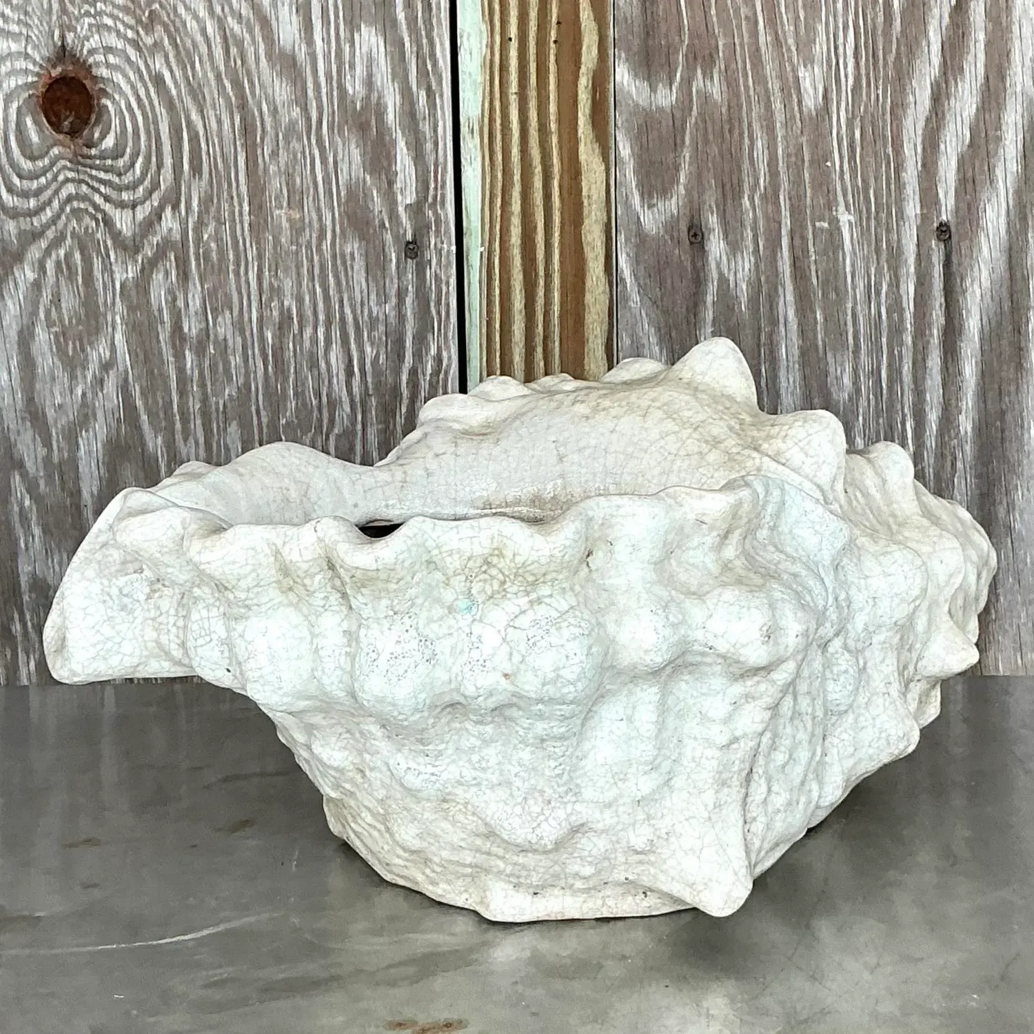 Vintage Coastal Crackle Glaze Conch Shell Planter - Back view