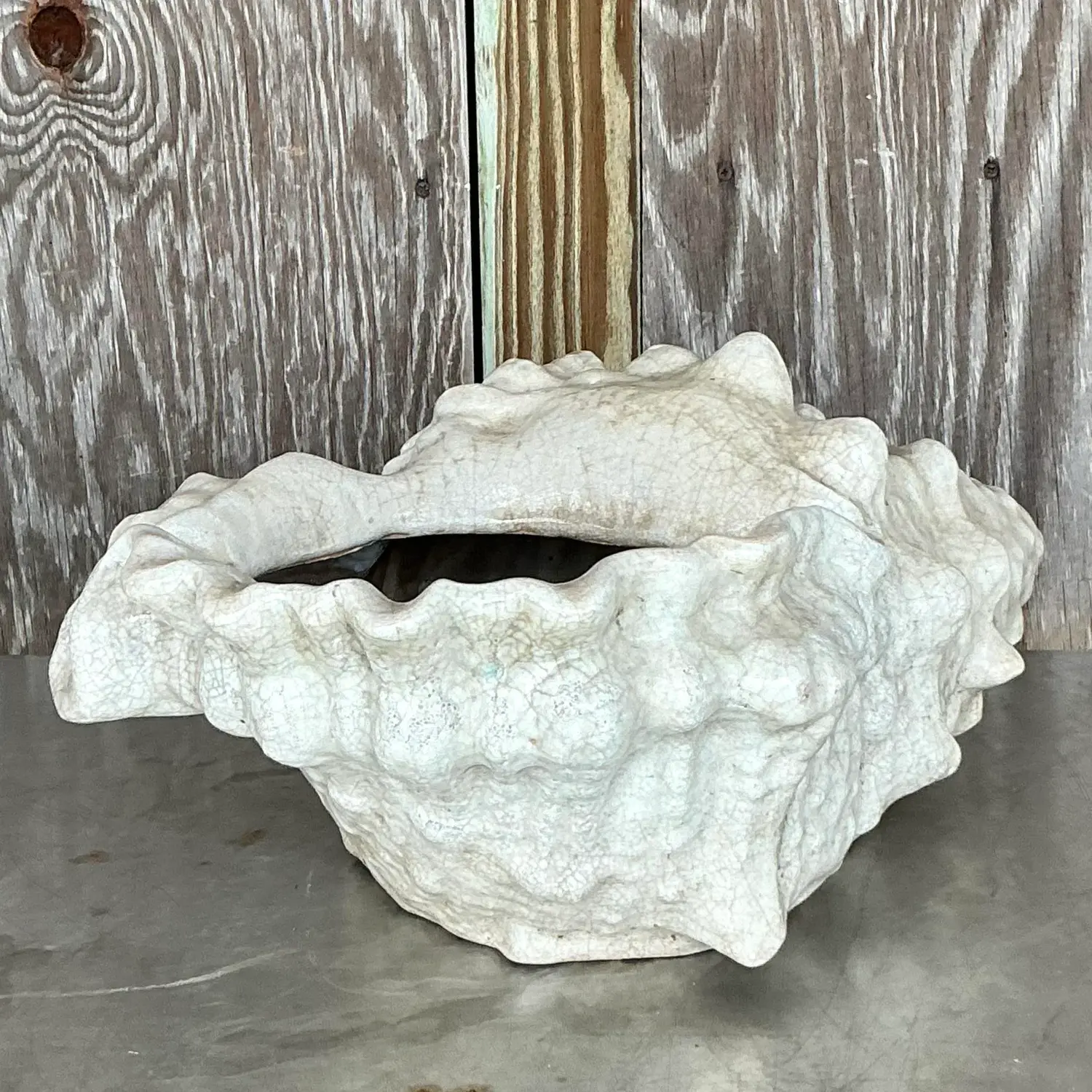 Vintage Coastal Crackle Glaze Conch Shell Planter - Top view