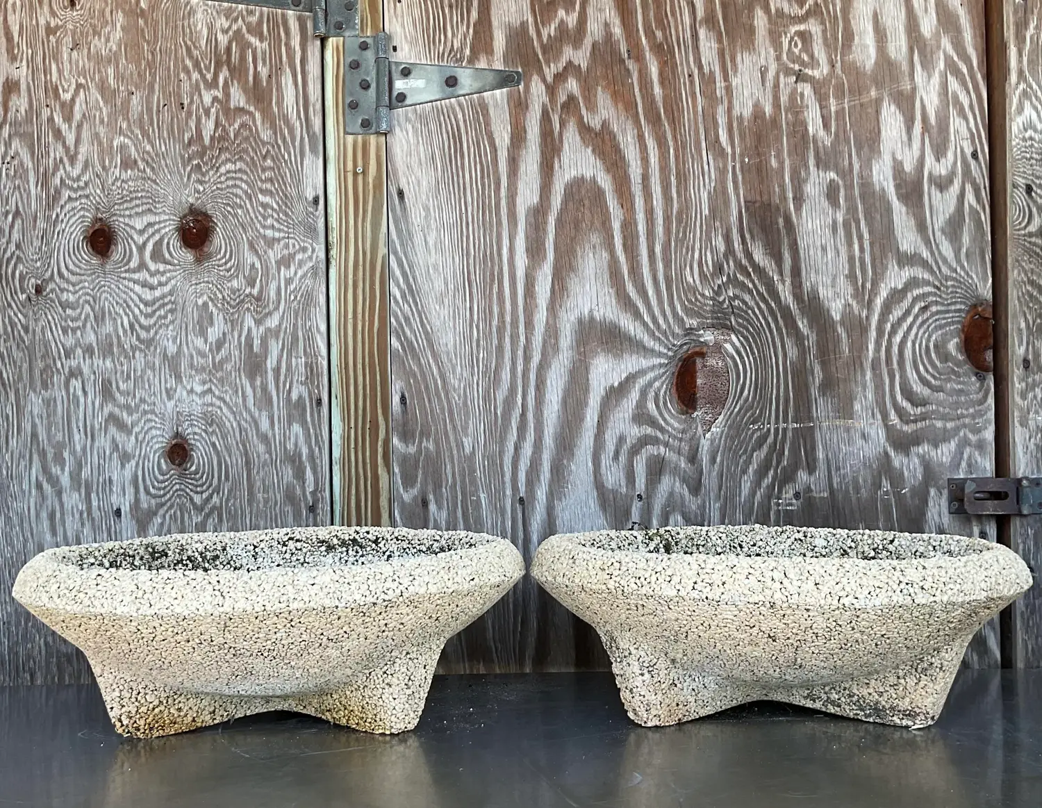 Vintage Coastal Crushed Stone Low Planters - a Pair - Side view