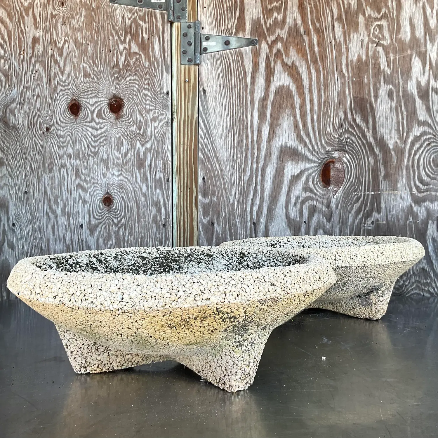 Vintage Coastal Crushed Stone Low Planters - a Pair - Top view