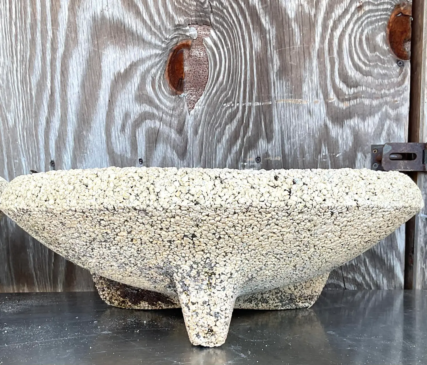 Vintage Coastal Crushed Stone Low Planters - a Pair - Detail view
