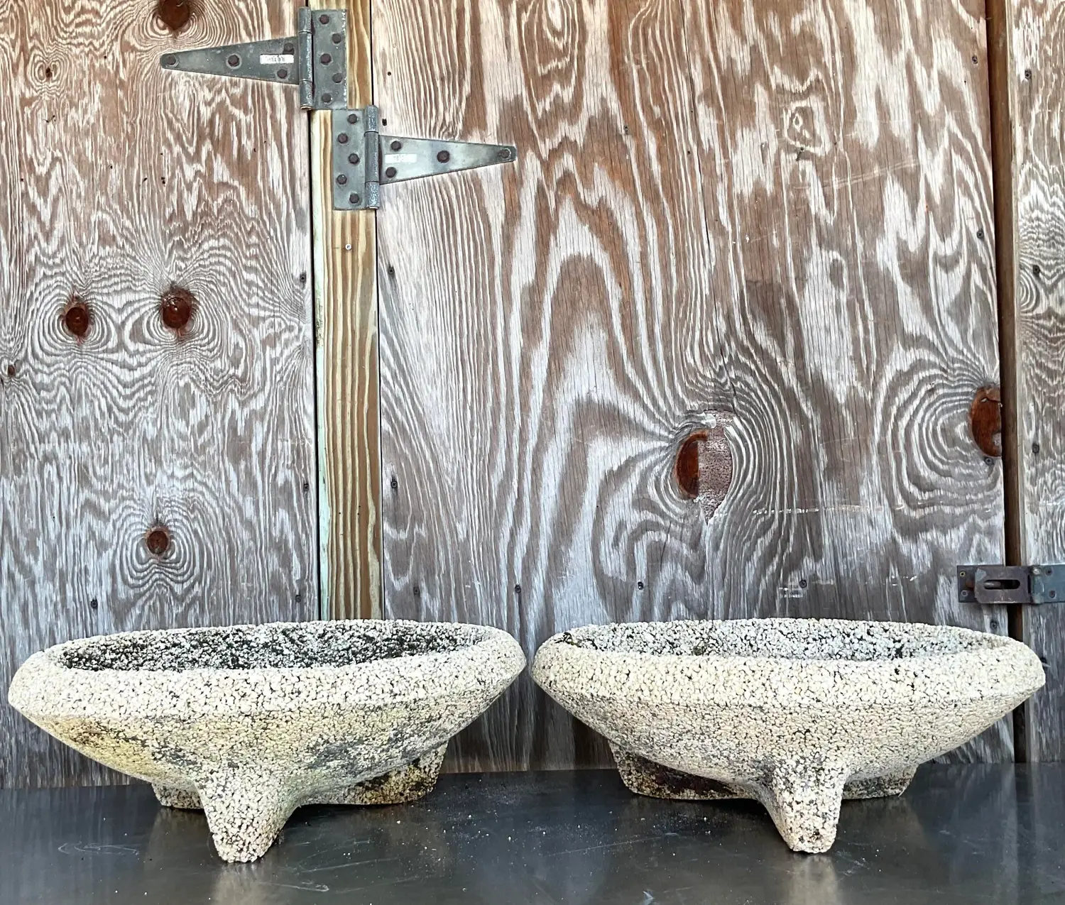 Vintage Coastal Crushed Stone Low Planters - a Pair - Back view