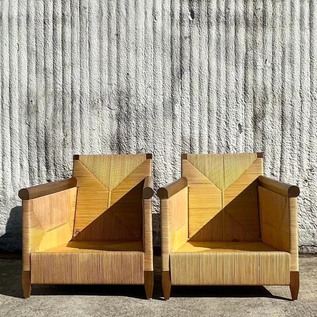 Vintage Coastal Donghia “Merbau” Woven Rattan Lounge Chairs - a Pair - Top view