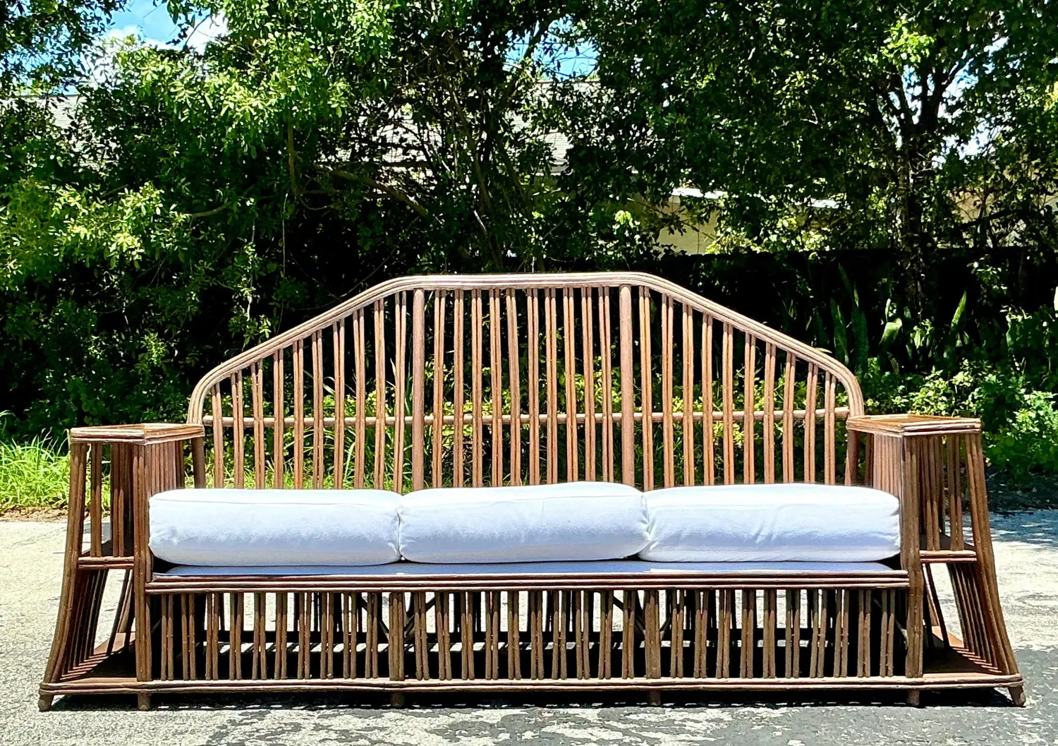 Vintage Coastal Faceted Stick Rattan Sofa After Heywood Wakefield - Top view