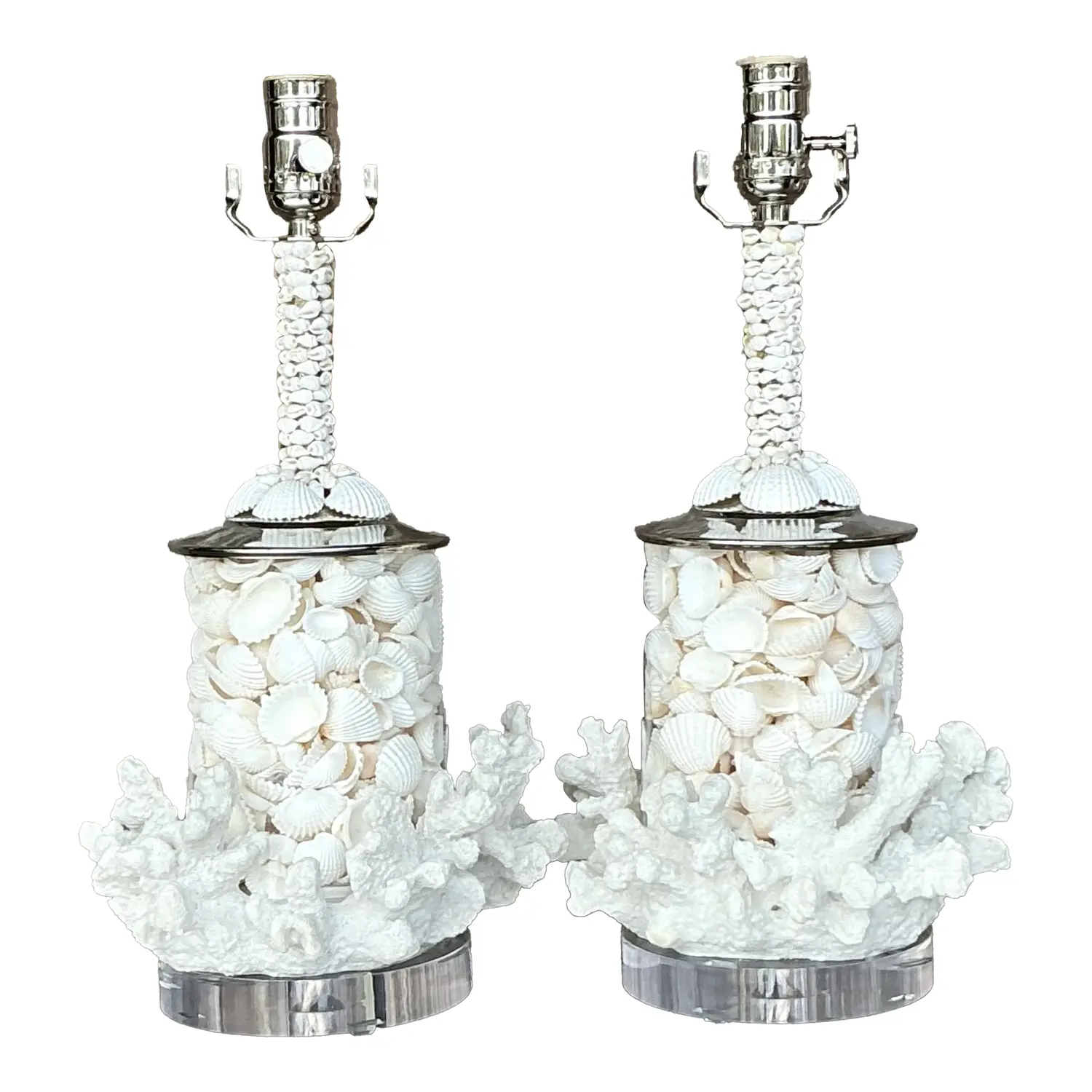 Vintage Coastal Faux Coral and Shell Lamps - a Pair