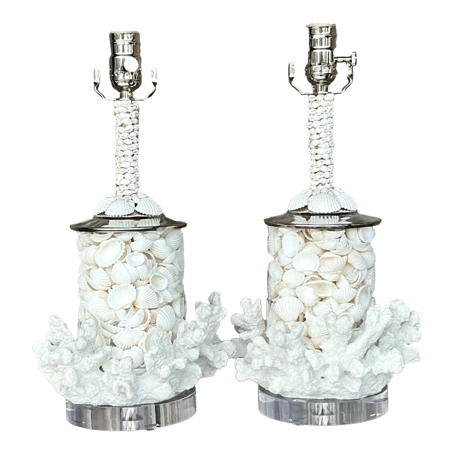 Vintage Coastal Faux Coral and Shell Lamps - a Pair - Detail view