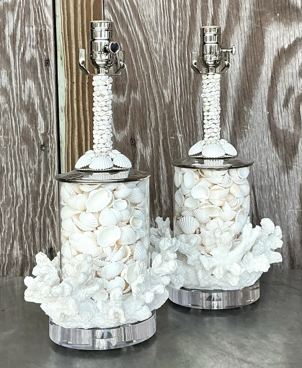 Vintage Coastal Faux Coral and Shell Lamps - a Pair - Side view