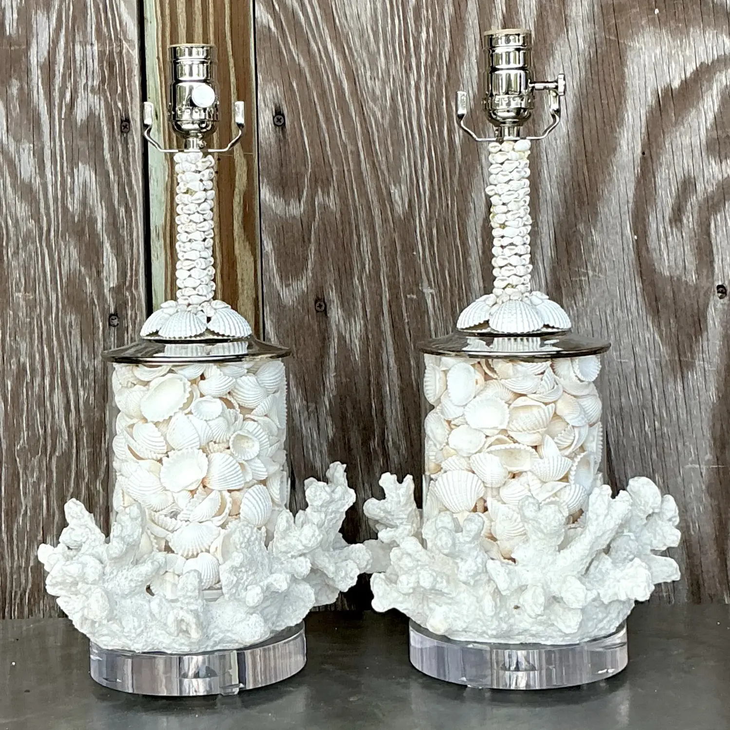 Vintage Coastal Faux Coral and Shell Lamps - a Pair - Back view