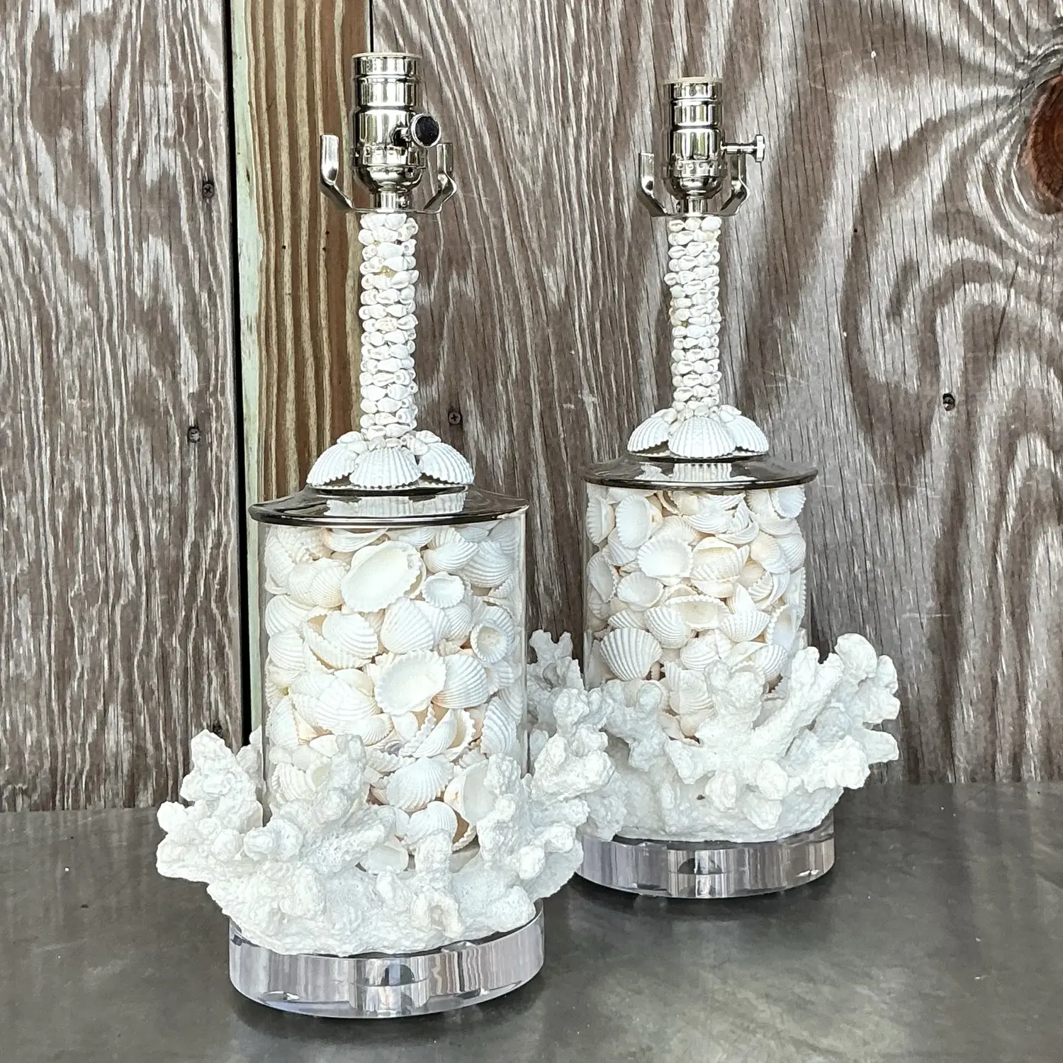 Vintage Coastal Faux Coral and Shell Lamps - a Pair - Top view