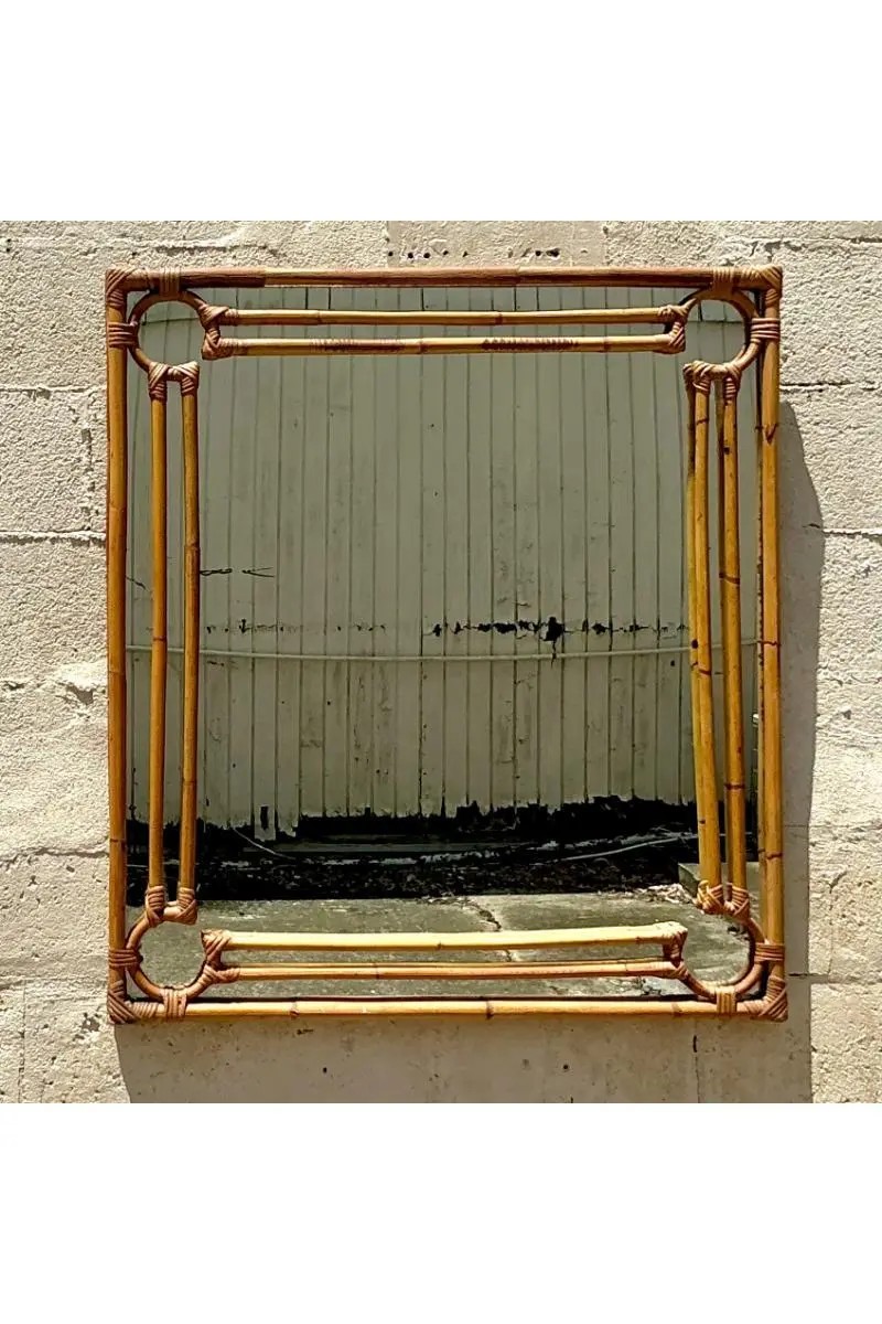 Vintage Coastal Four Corners Rattan Mirror - Side view