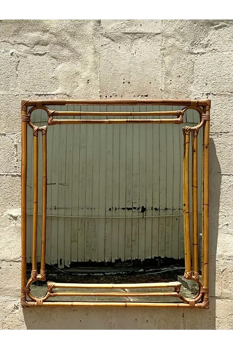 Vintage Coastal Four Corners Rattan Mirror - Back view