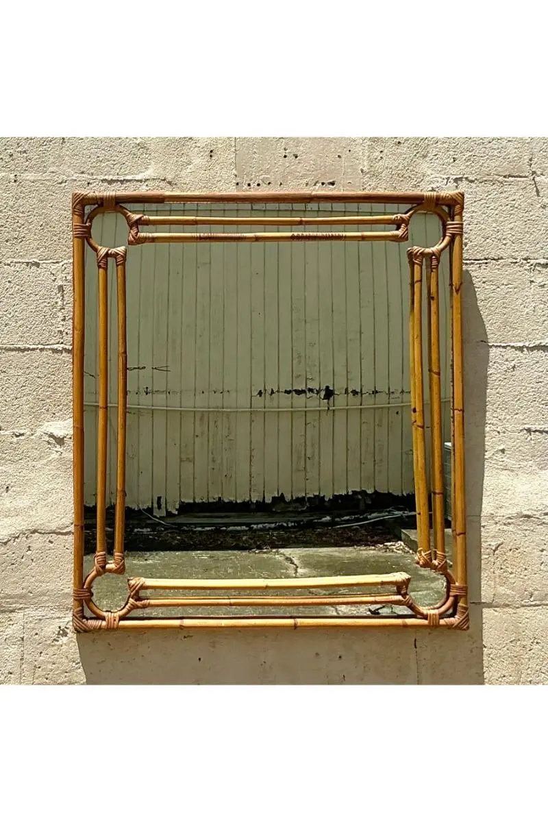Vintage Coastal Four Corners Rattan Mirror - Top view