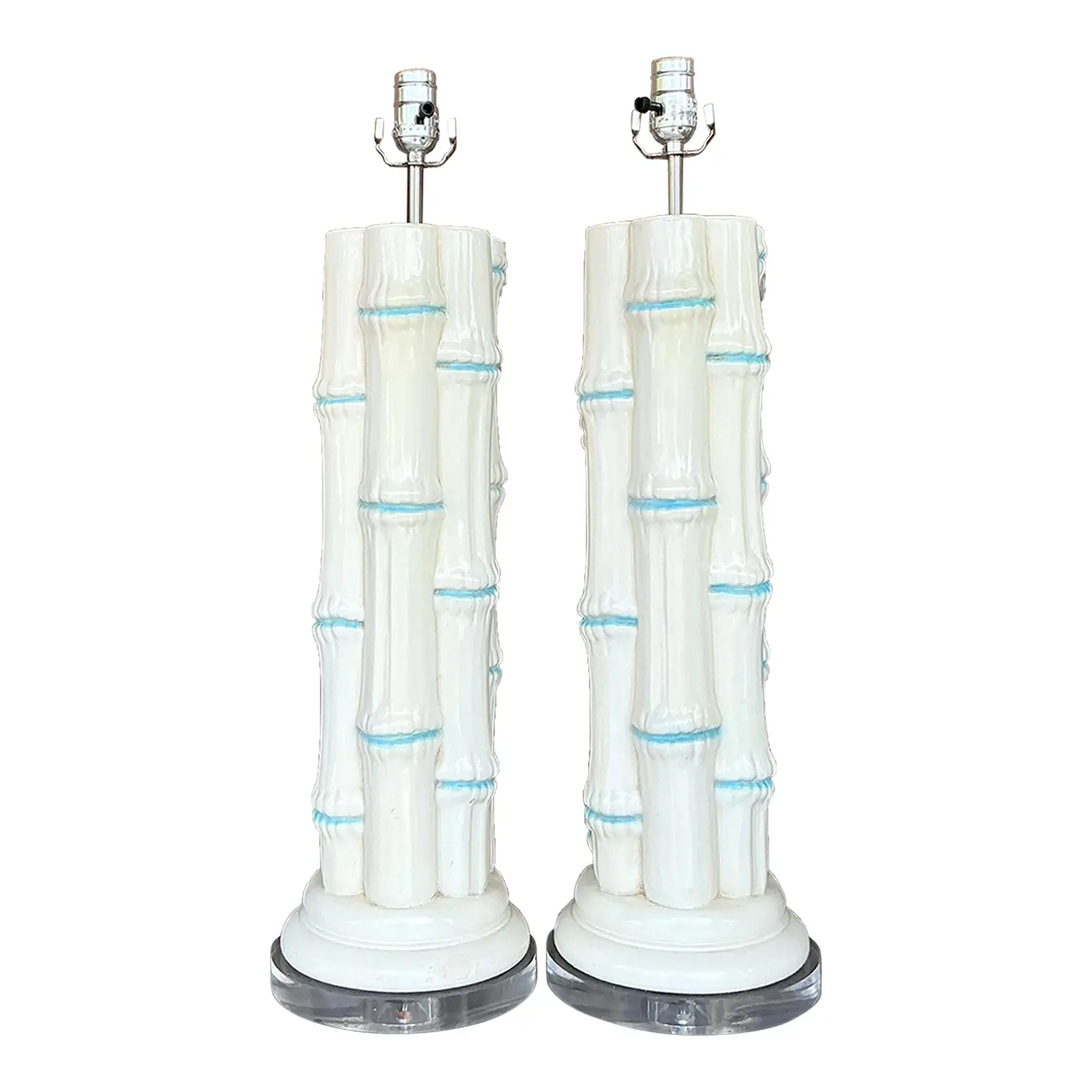 Vintage Coastal Glazed Ceramic Bamboo Lamps - a Pair