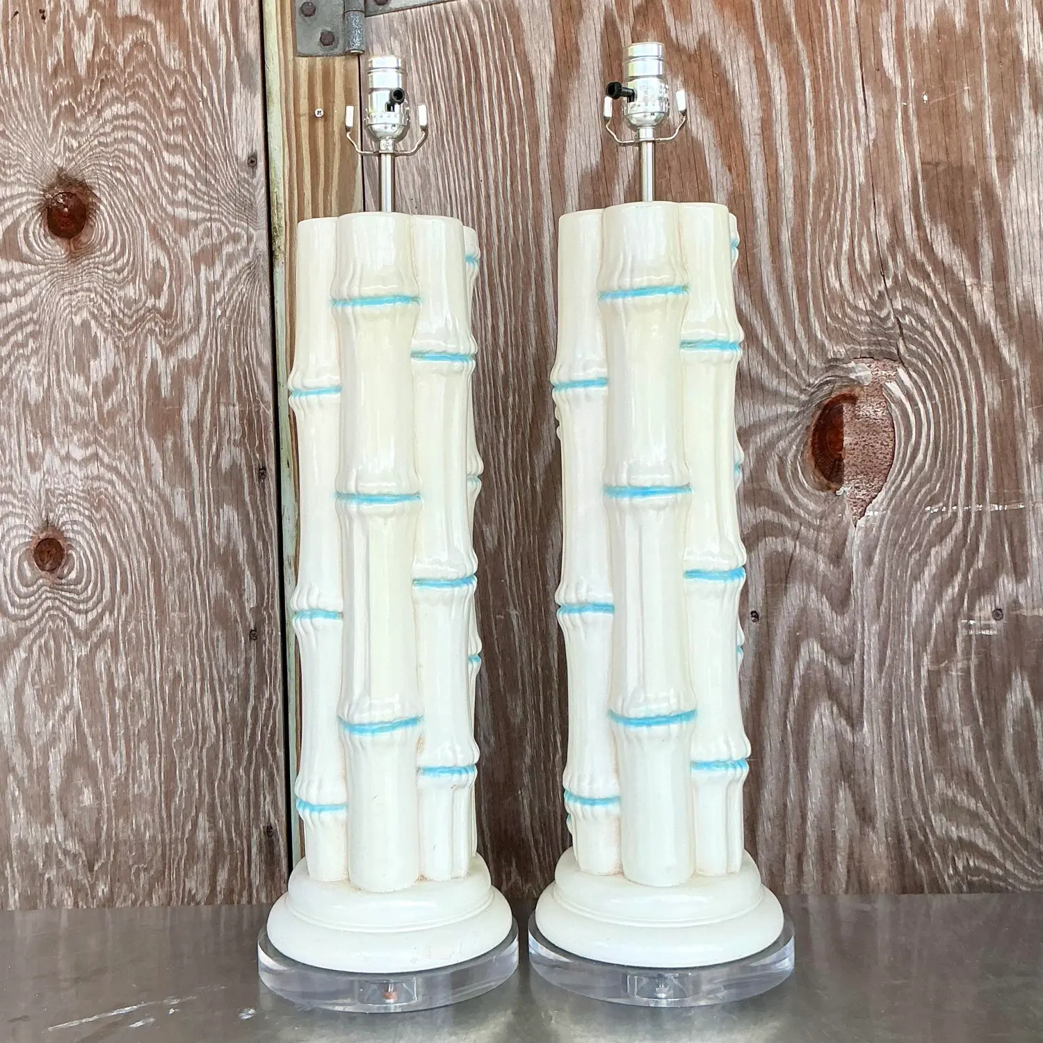 Vintage Coastal Glazed Ceramic Bamboo Lamps - a Pair - Side view