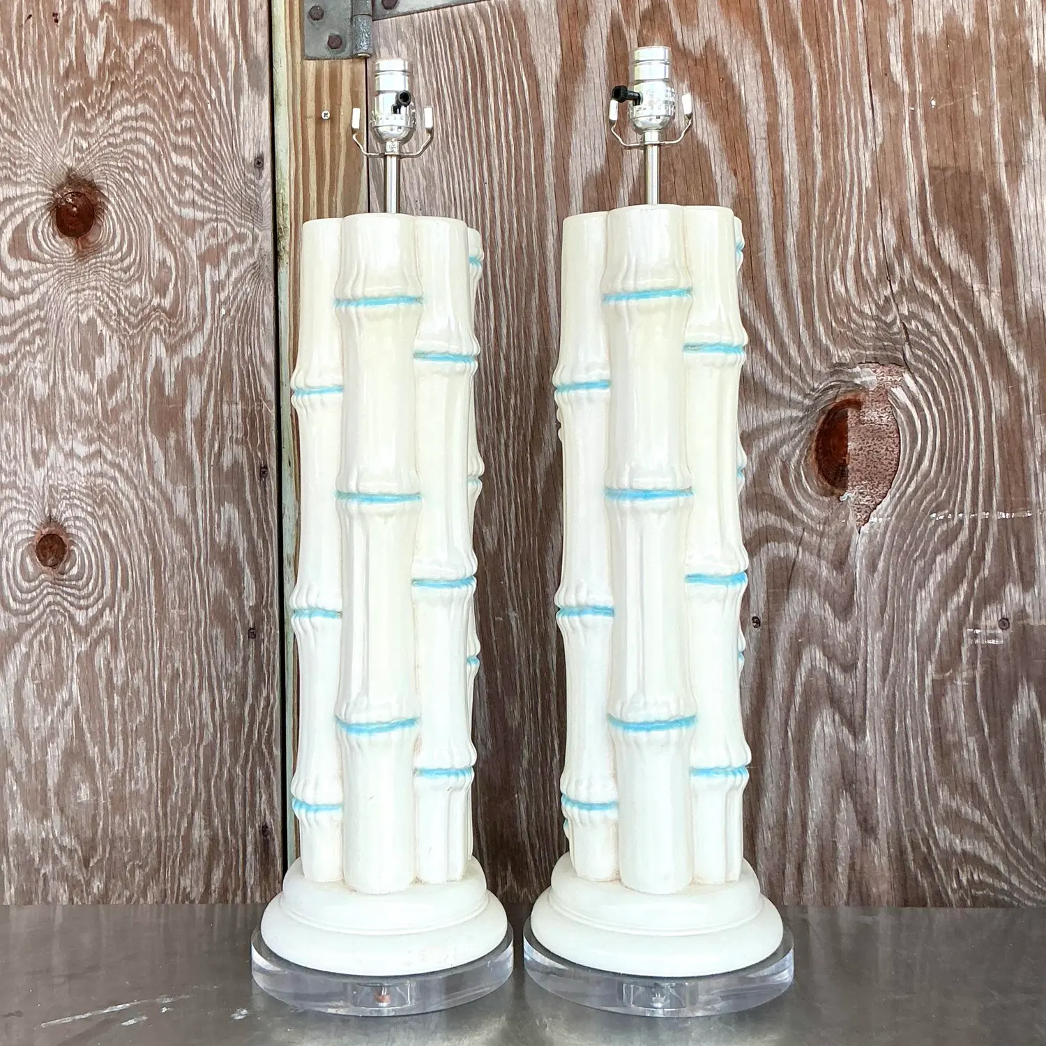 Vintage Coastal Glazed Ceramic Bamboo Lamps - a Pair - Detail view