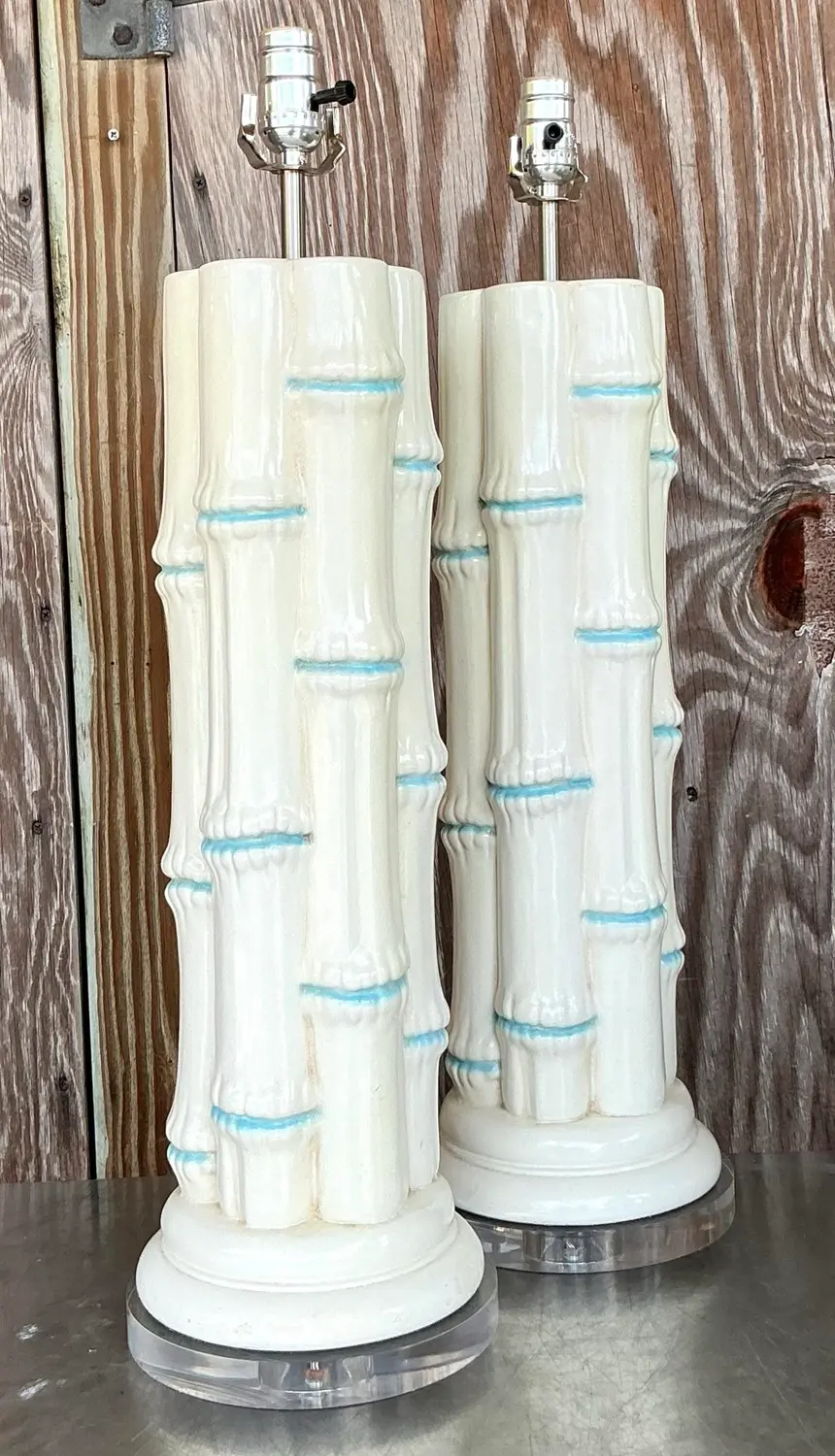 Vintage Coastal Glazed Ceramic Bamboo Lamps - a Pair - Back view