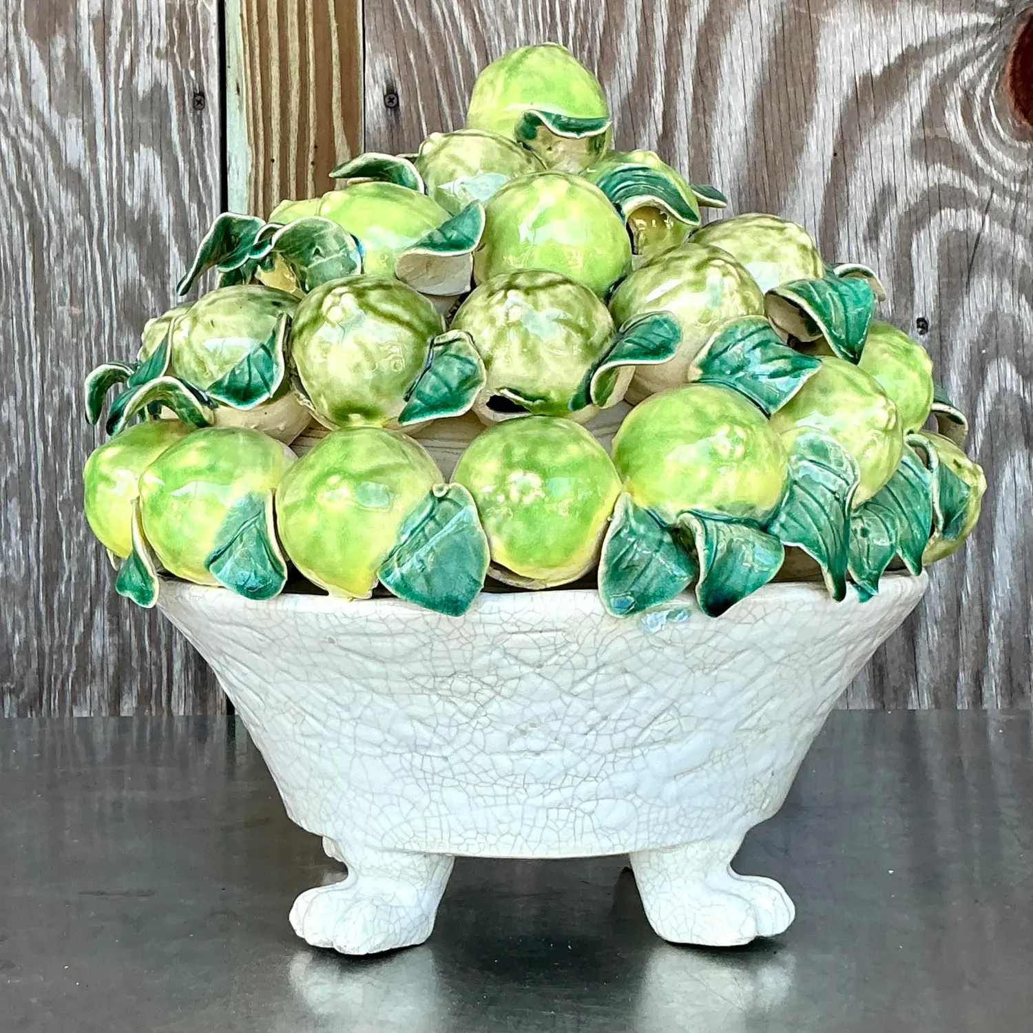 Vintage Coastal Glazed Ceramic Bowl of Limes - Side view