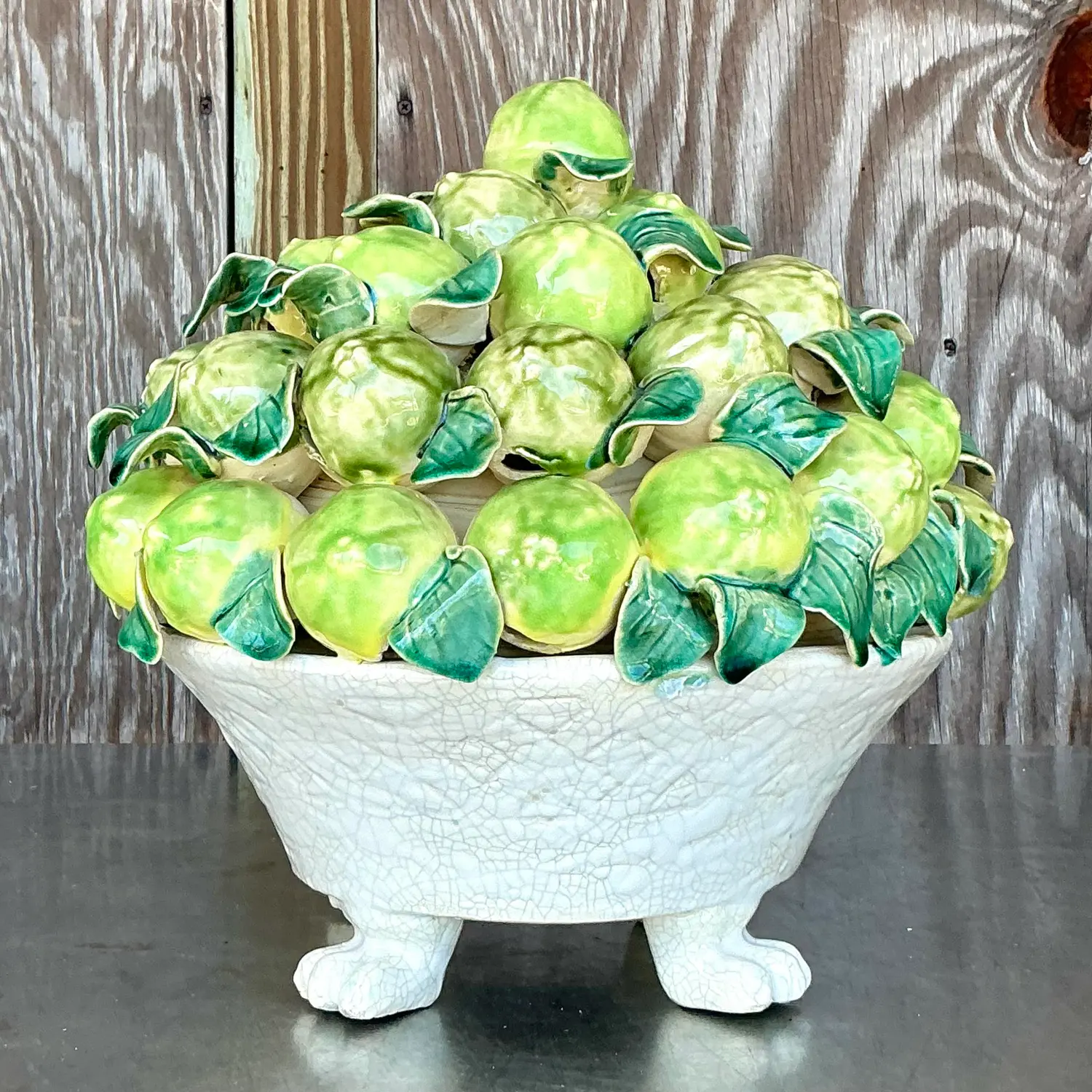 Vintage Coastal Glazed Ceramic Bowl of Limes - Detail view