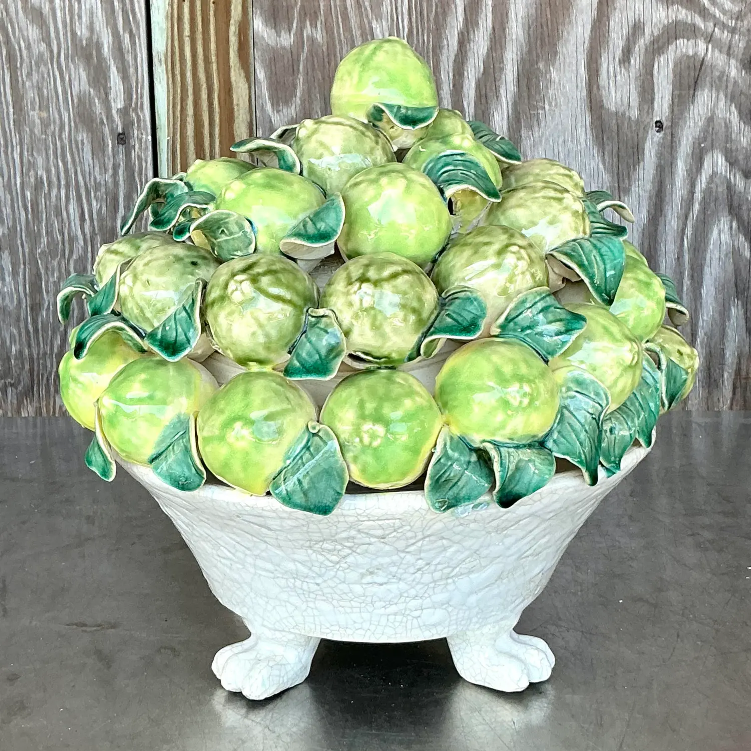 Vintage Coastal Glazed Ceramic Bowl of Limes - Top view
