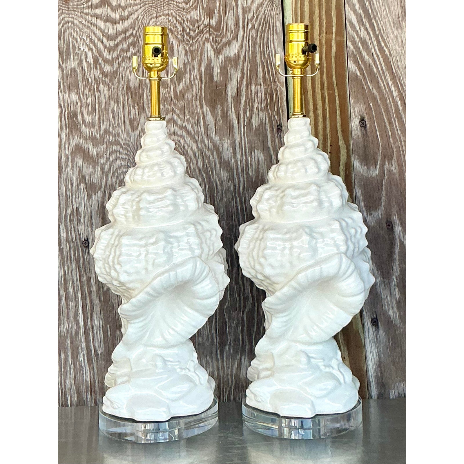 Vintage Coastal Glazed Ceramic Conch Lamps - a Pair - Back view