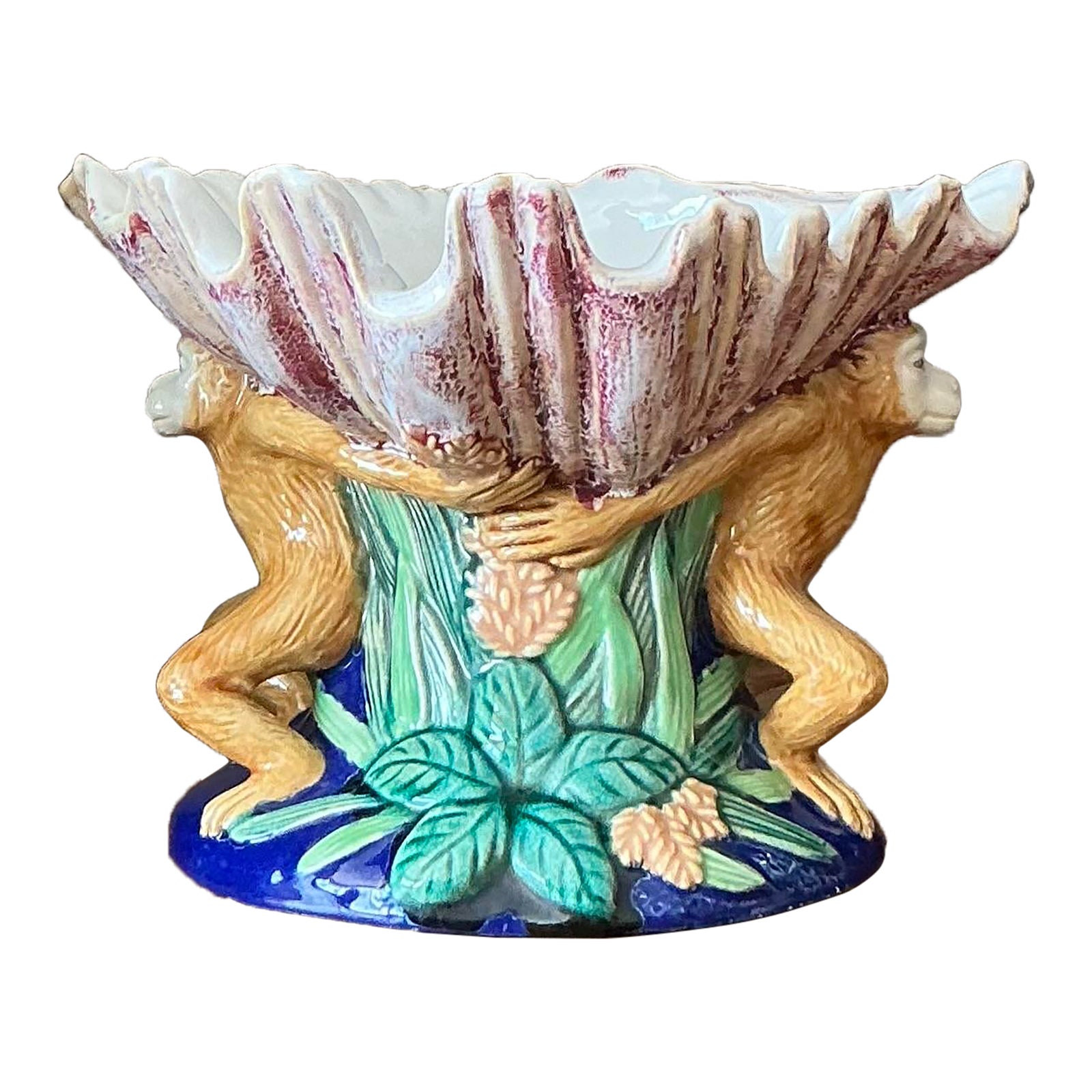 Vintage Coastal Glazed Ceramic Monkey Centerpiece Bowl - Detail view