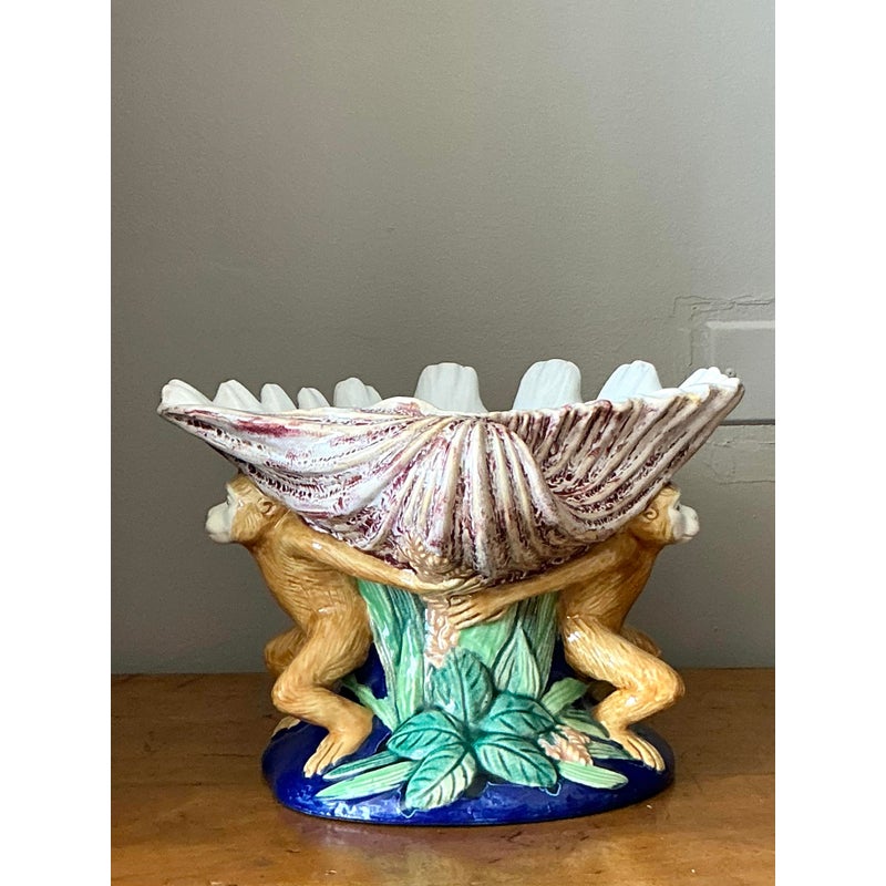 Vintage Coastal Glazed Ceramic Monkey Centerpiece Bowl - Back view
