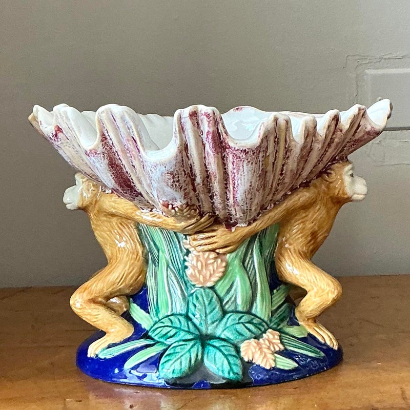 Vintage Coastal Glazed Ceramic Monkey Centerpiece Bowl - Top view