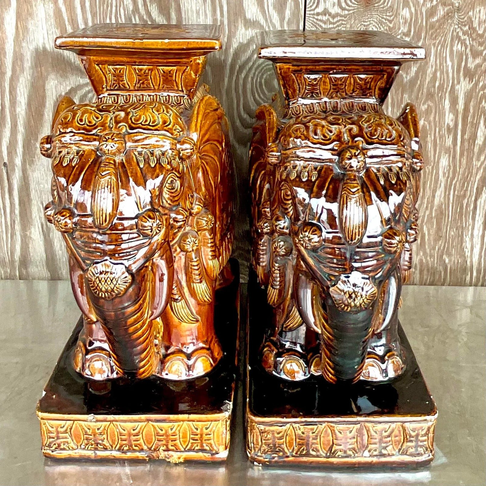 Vintage Coastal Glazed Ceramic “Root Beer” Elephant Garden Seats - a Pair - Top view