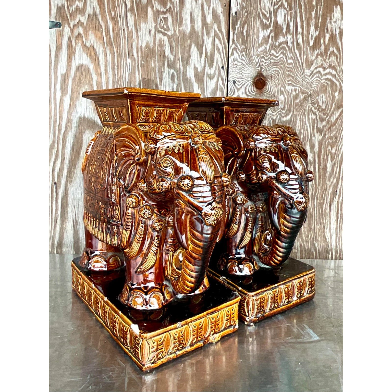 Vintage Coastal Glazed Ceramic “Root Beer” Elephant Garden Seats - a Pair - Back view