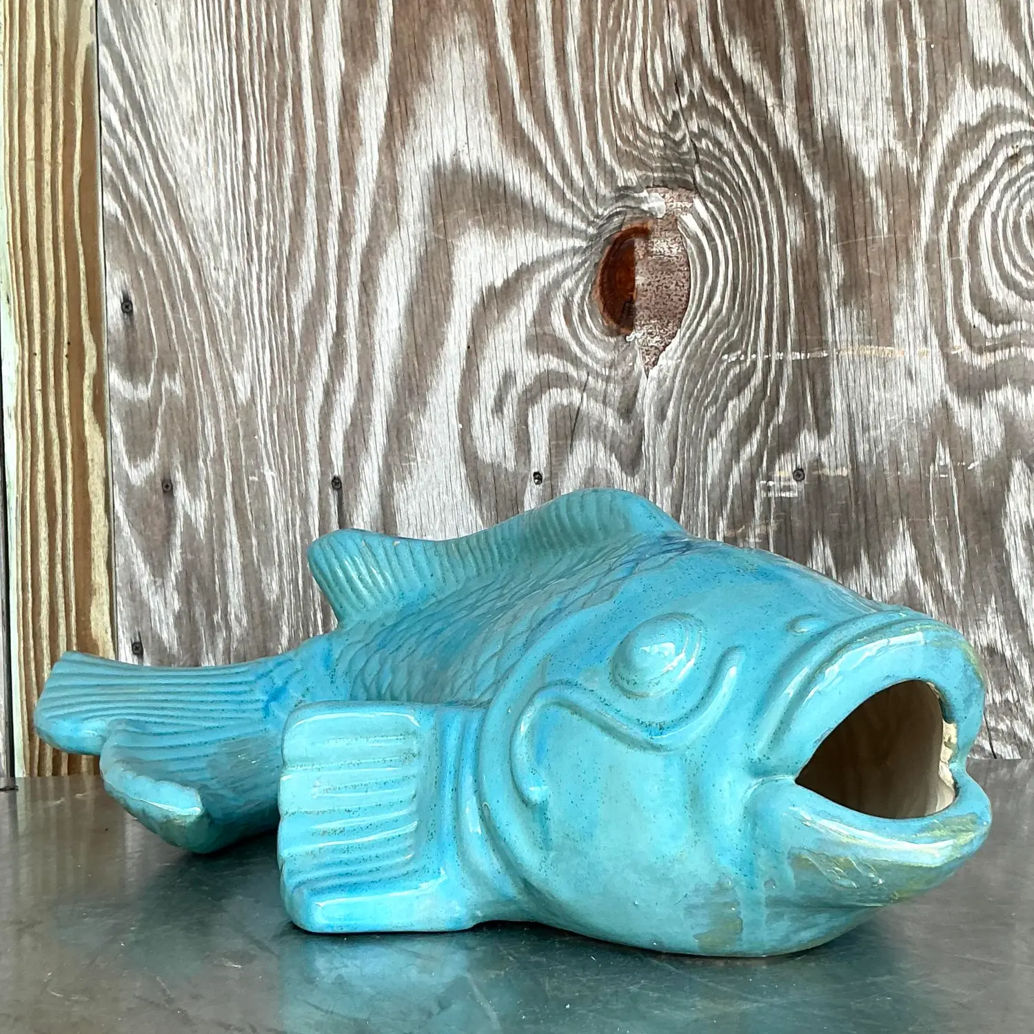 Vintage Coastal Glazed White Terracotta Fish - Detail view