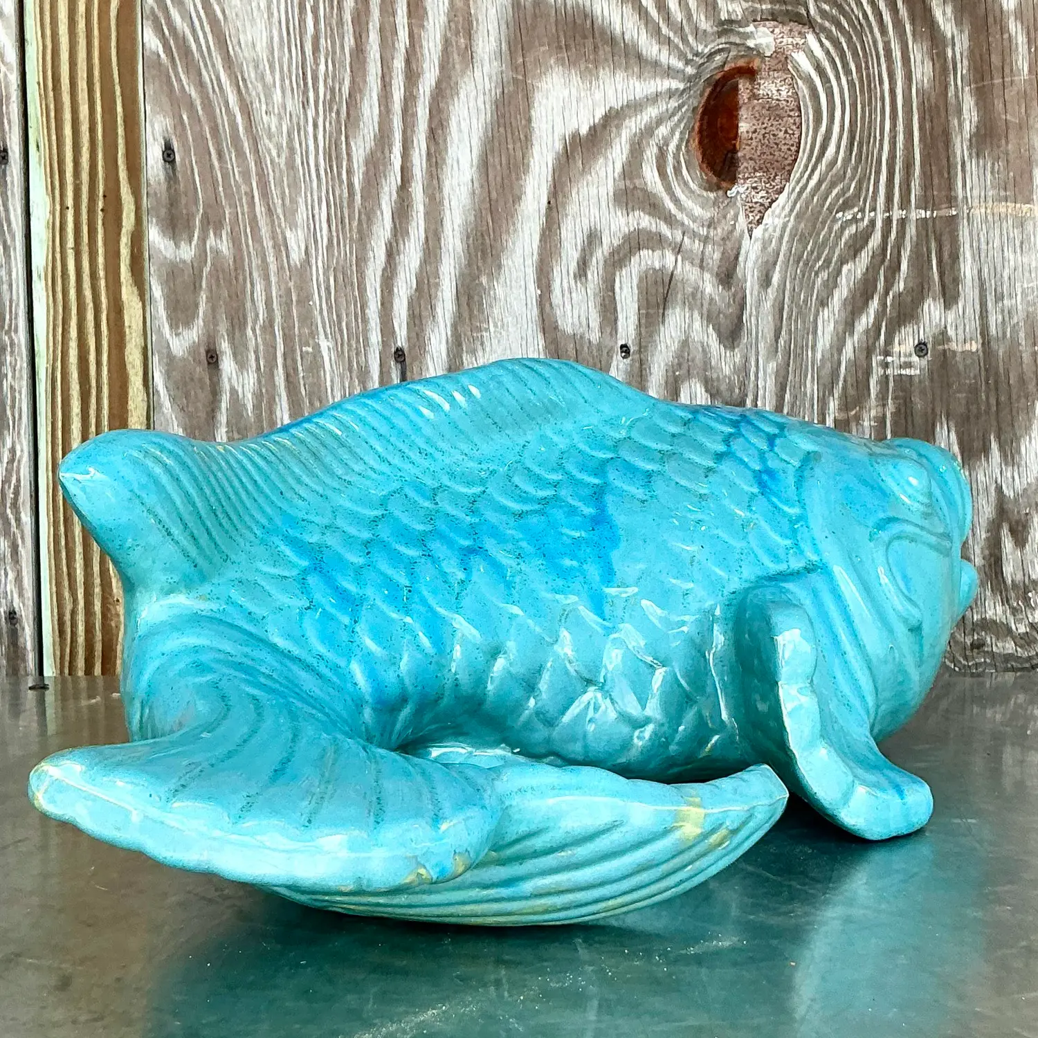 Vintage Coastal Glazed White Terracotta Fish - Side view