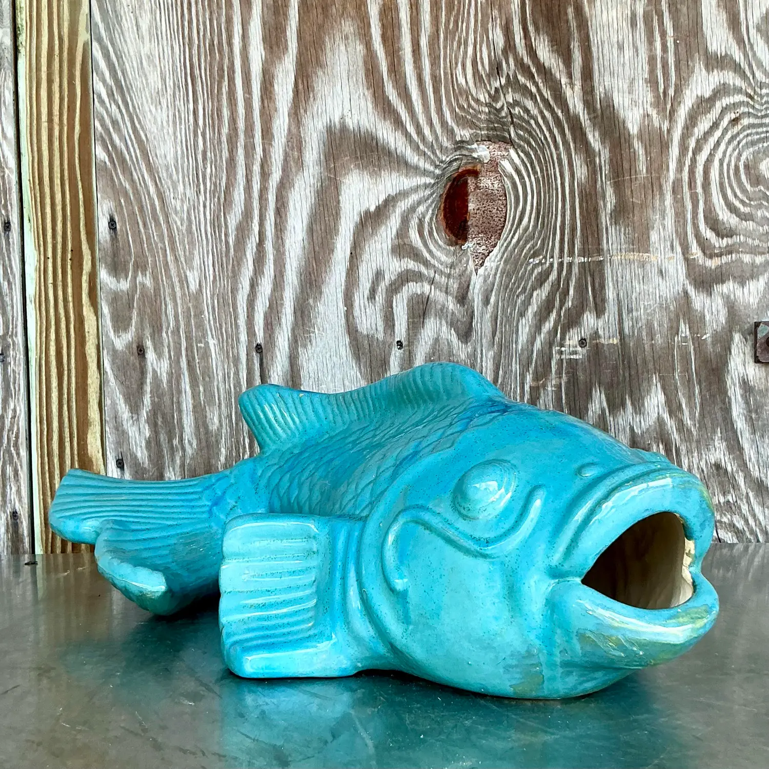 Vintage Coastal Glazed White Terracotta Fish - Back view
