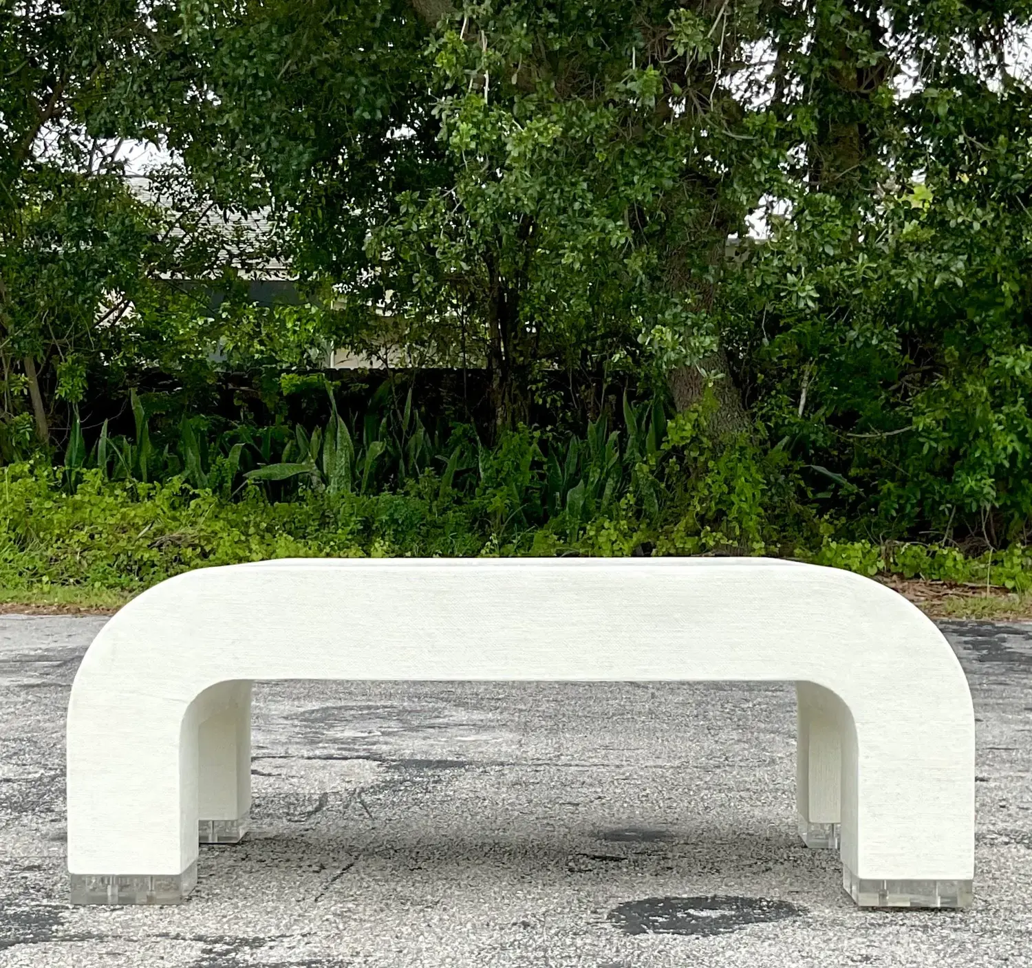 Vintage Coastal Grasscloth and Lucite Waterfall Coffee Table - Side view