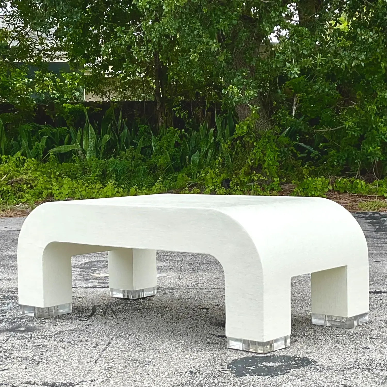 Vintage Coastal Grasscloth and Lucite Waterfall Coffee Table - Back view