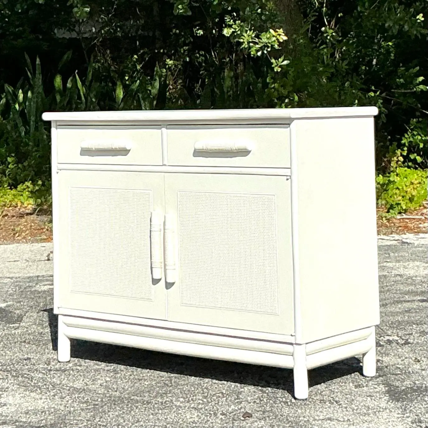 Vintage Coastal Grasscloth Panel Sideboard After Ficks Reed - Back view