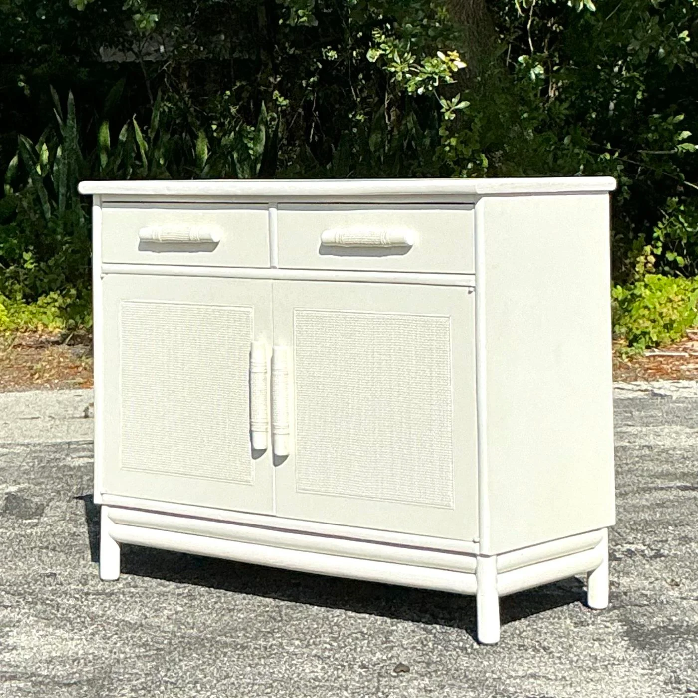 Vintage Coastal Grasscloth Panel Sideboard After Ficks Reed - Top view