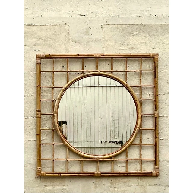 Vintage Coastal Grid Rattan Mirror - Top view