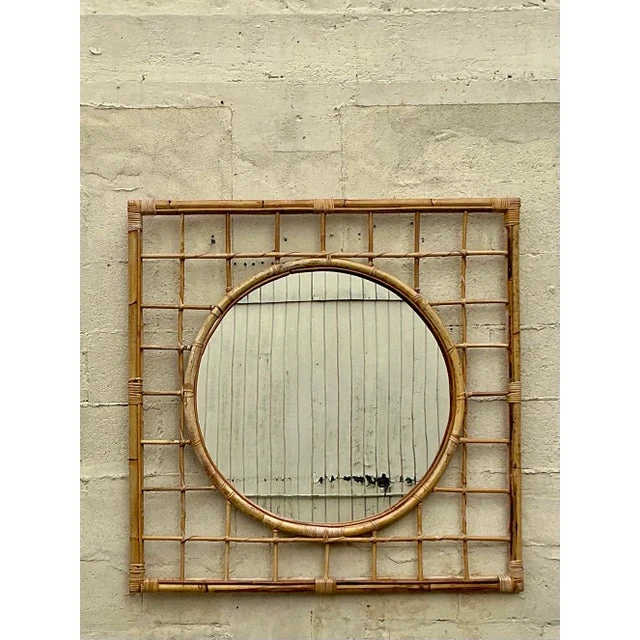 Vintage Coastal Grid Rattan Mirror - Back view