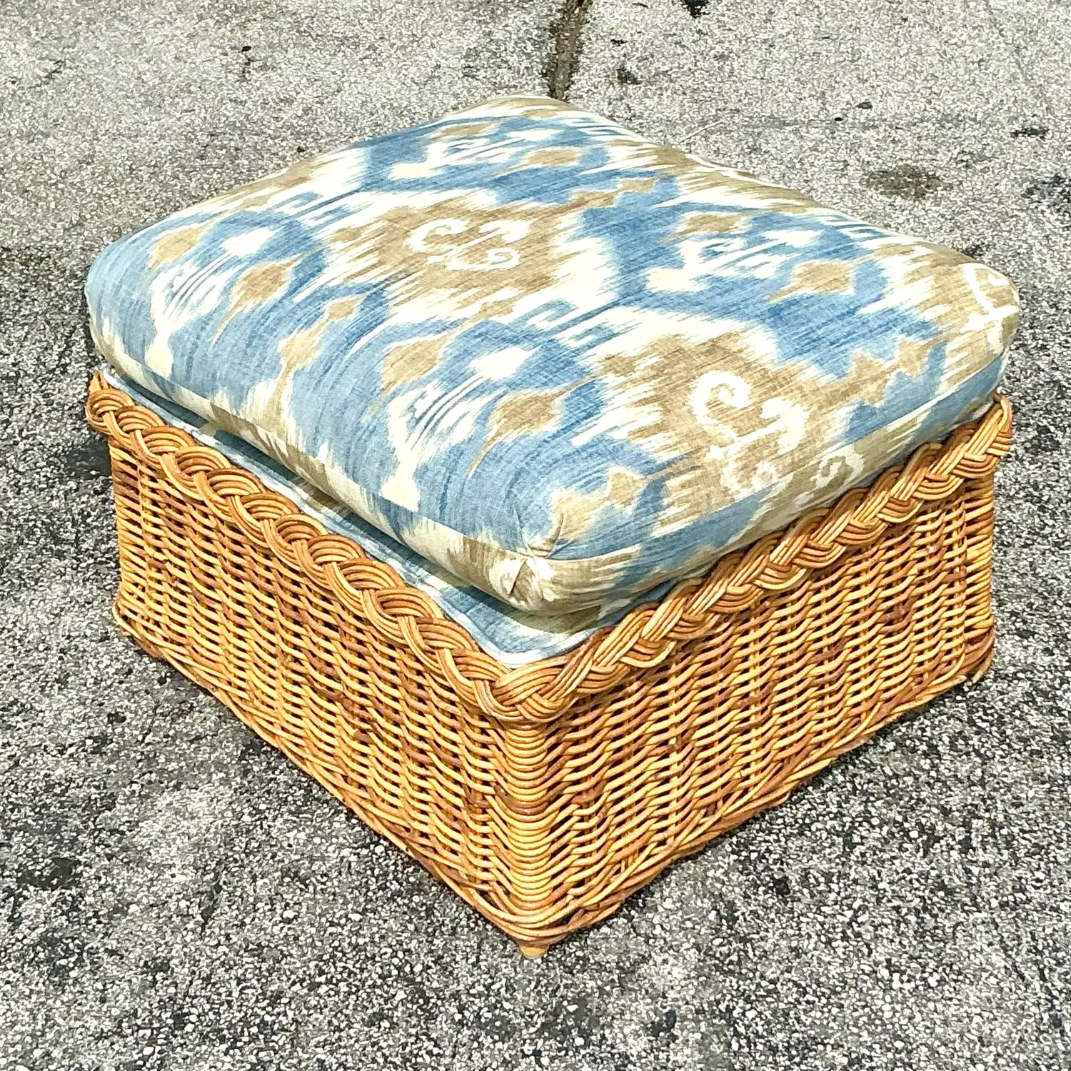 Vintage Coastal Ikat Braided Rattan Ottoman - Top view