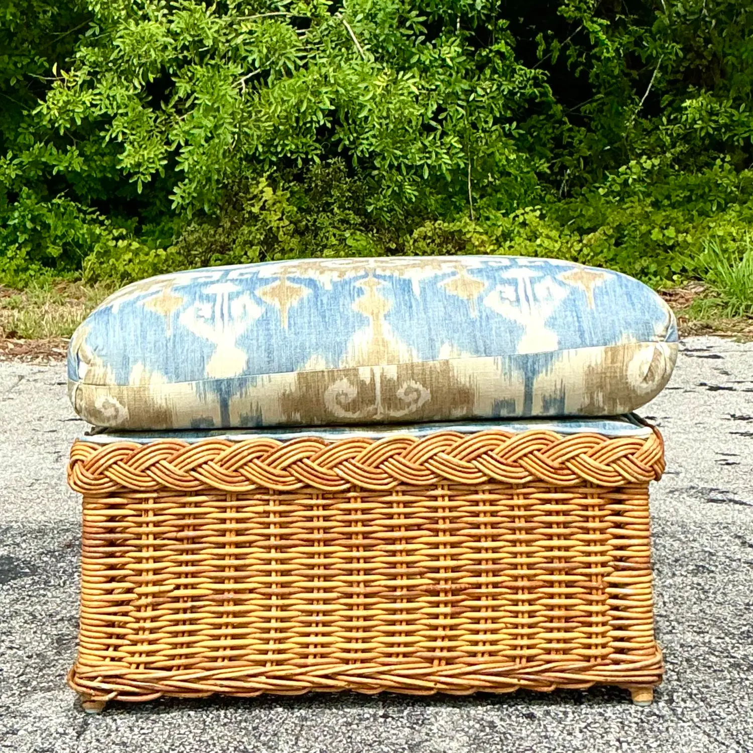 Vintage Coastal Ikat Braided Rattan Ottoman - Side view