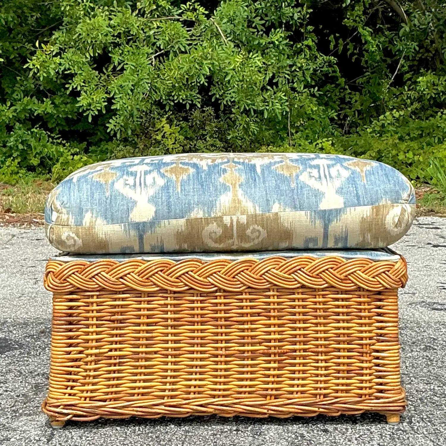 Vintage Coastal Ikat Braided Rattan Ottoman - Back view