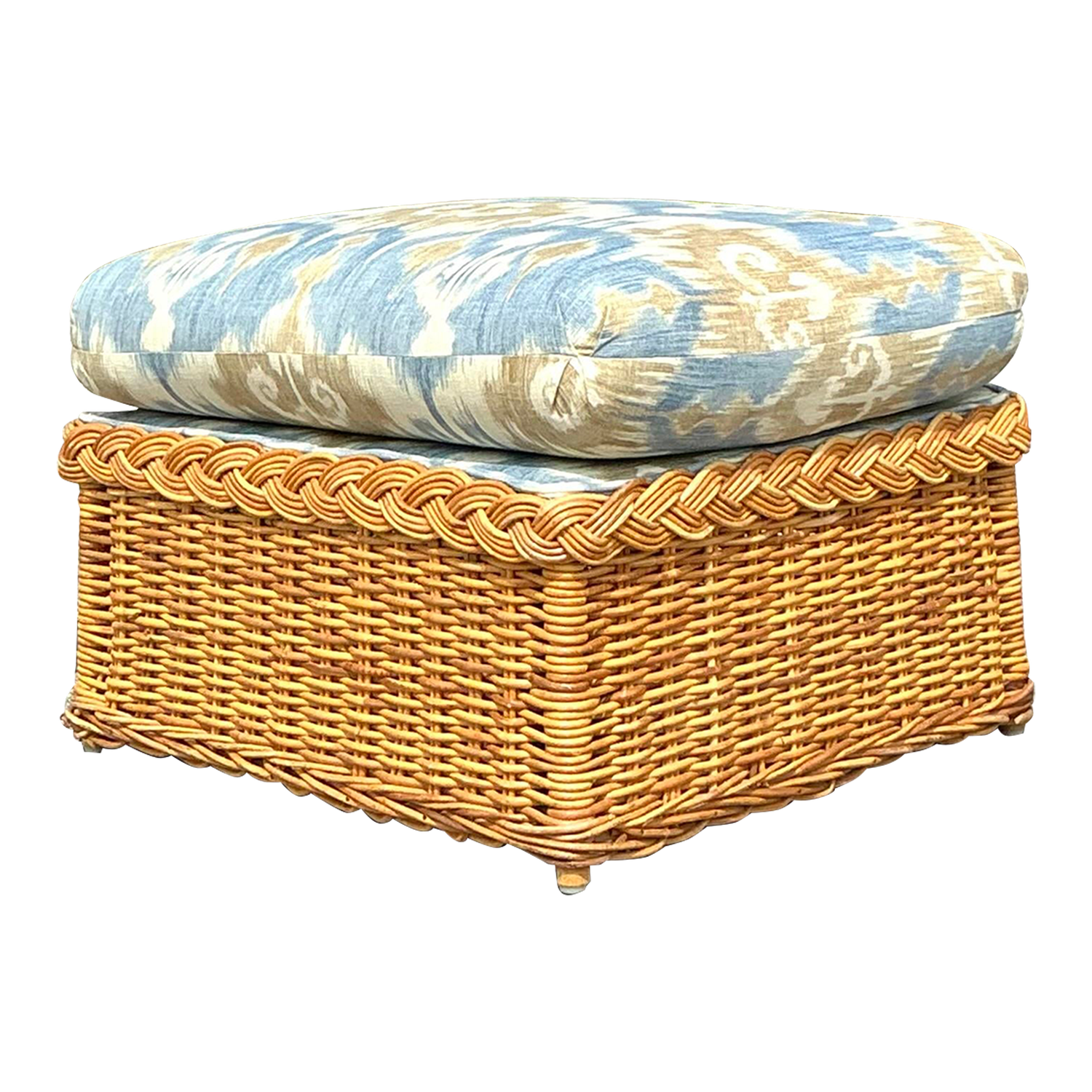 Vintage Coastal Ikat Braided Rattan Ottoman - Detail view
