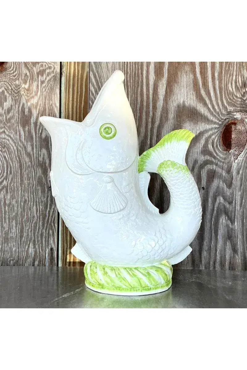 Vintage Coastal Italian Glazed Ceramic Fish Floor Vase - Side view