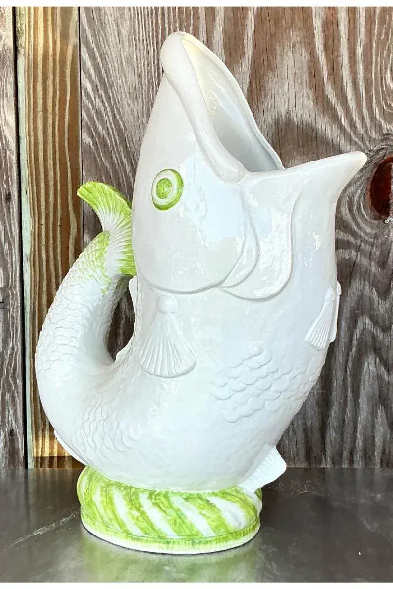 Vintage Coastal Italian Glazed Ceramic Fish Floor Vase - Back view