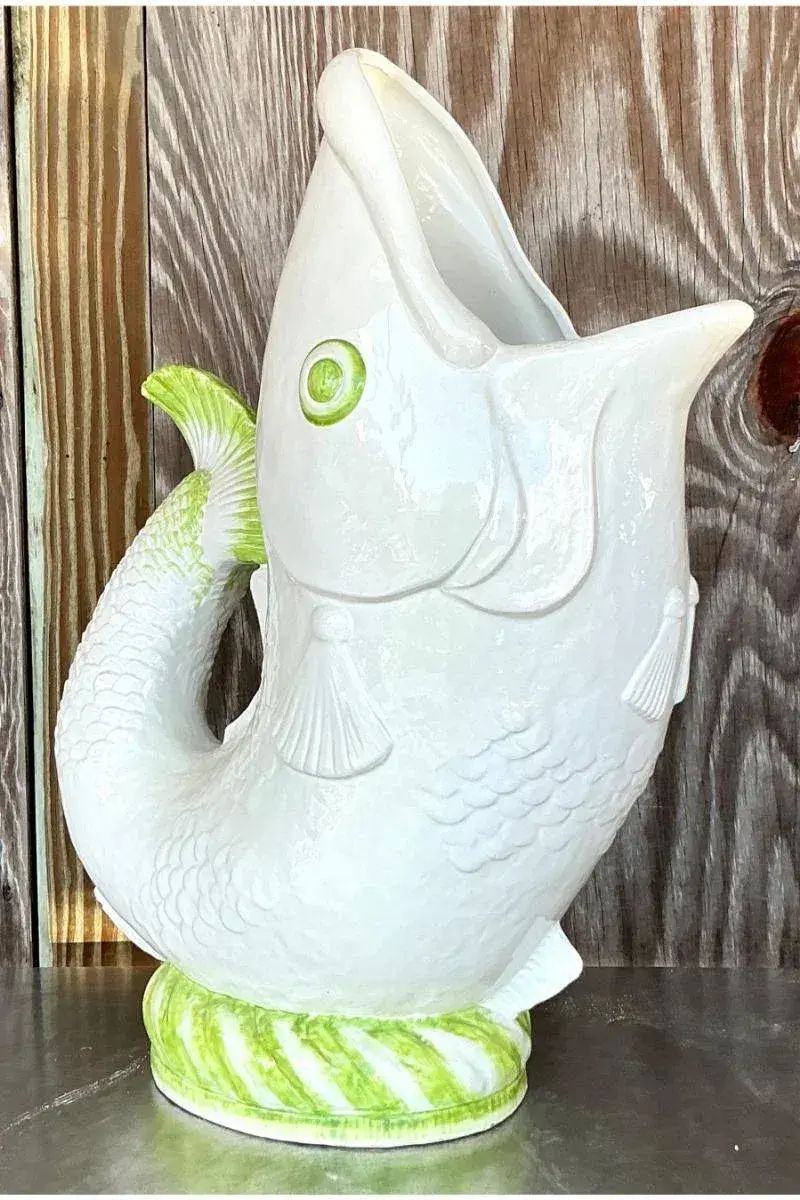 Vintage Coastal Italian Glazed Ceramic Fish Floor Vase - Top view