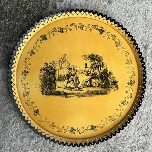 Vintage Coastal Italian Toile Painted Metal Tray - Side view