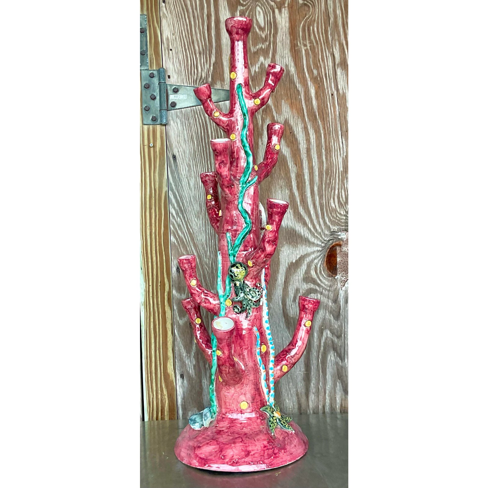 Vintage Coastal La Vietrese Monumental Glazed Ceramic Under the Sea Tower Vase - Detail view