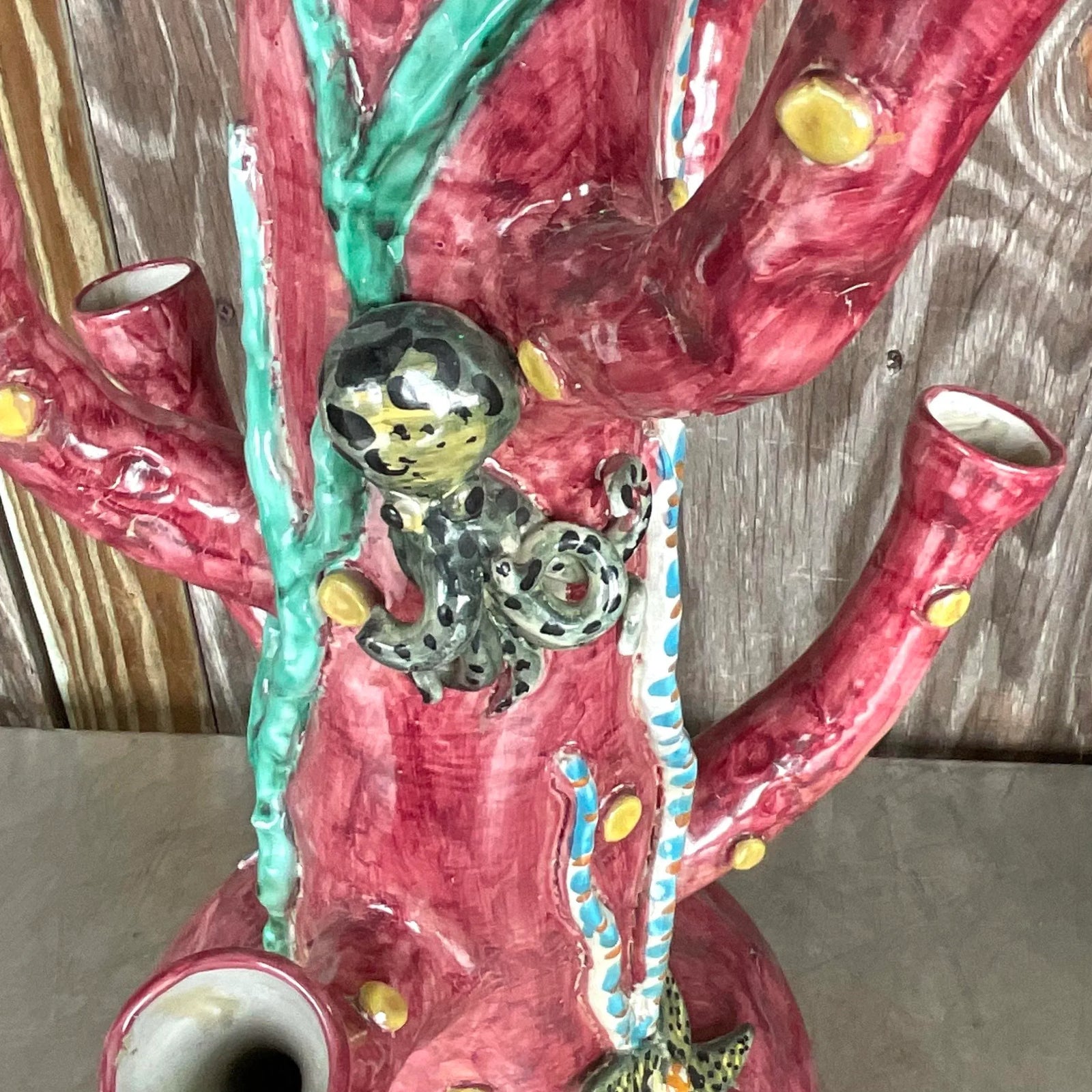 Vintage Coastal La Vietrese Monumental Glazed Ceramic Under the Sea Tower Vase - Top view