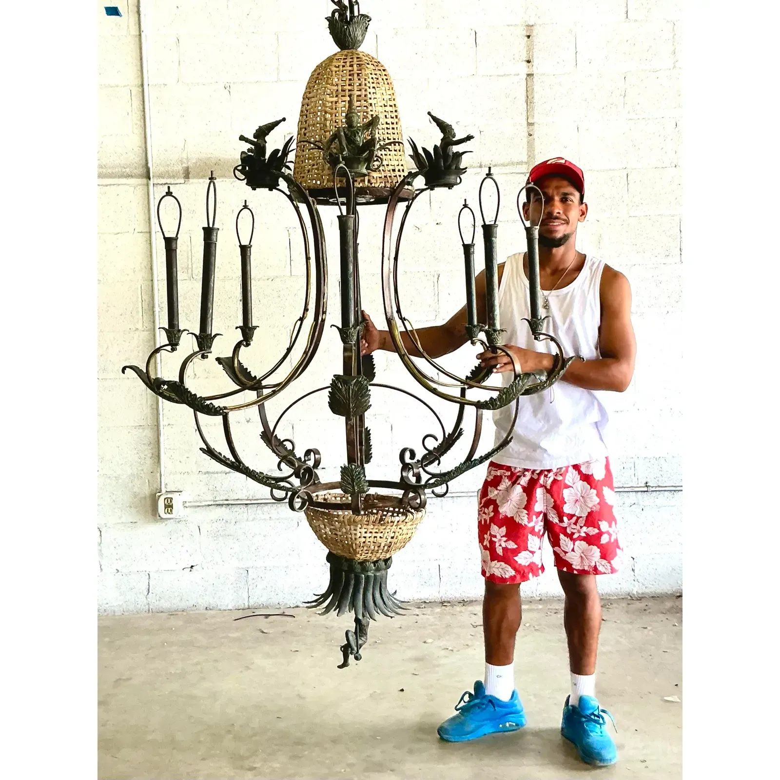 Vintage Coastal Maitland Smith Patinated Monkey Chandelier - Top view