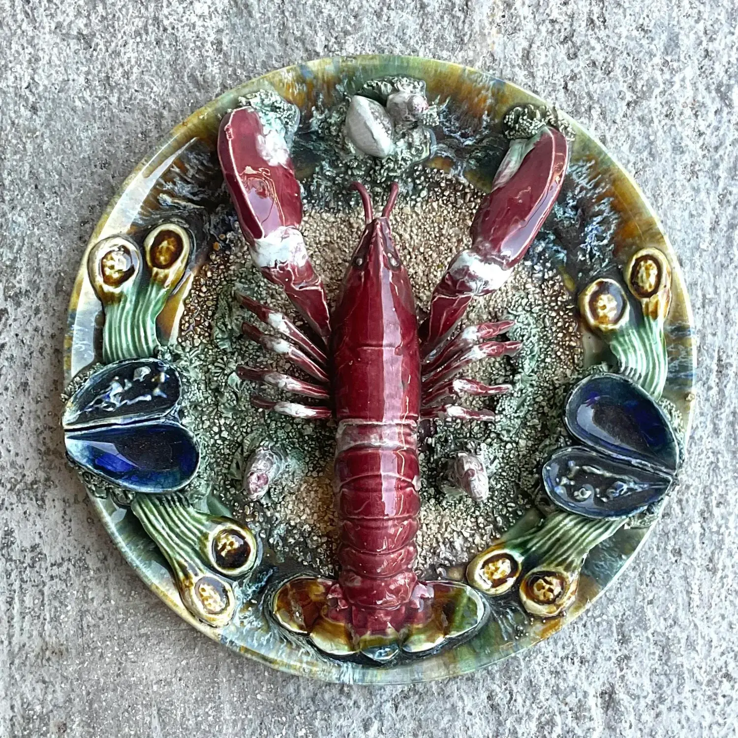 Vintage Coastal Majolica Lobster Plate - Back view